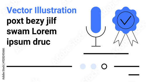 Microphone, award ribbon, abstract shapes with two text lines in stylish layout. Ideal for podcast graphics, broadcasting, achievements, audio content, awards, digital content, media production