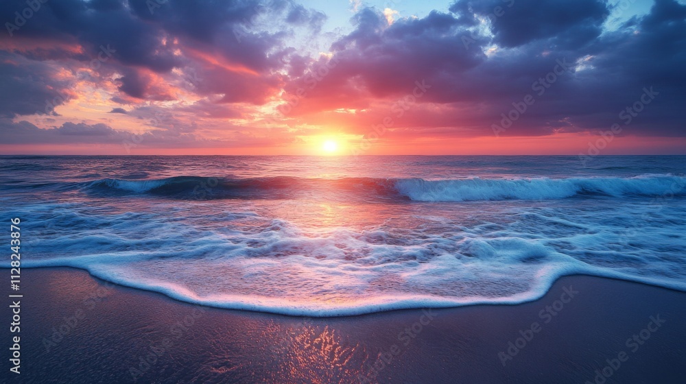 Obraz premium Scenic view of a colorful sunset over a calm ocean