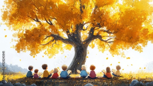 Children sitting under a golden tree, engaged in reading and enjoying nature's beauty.