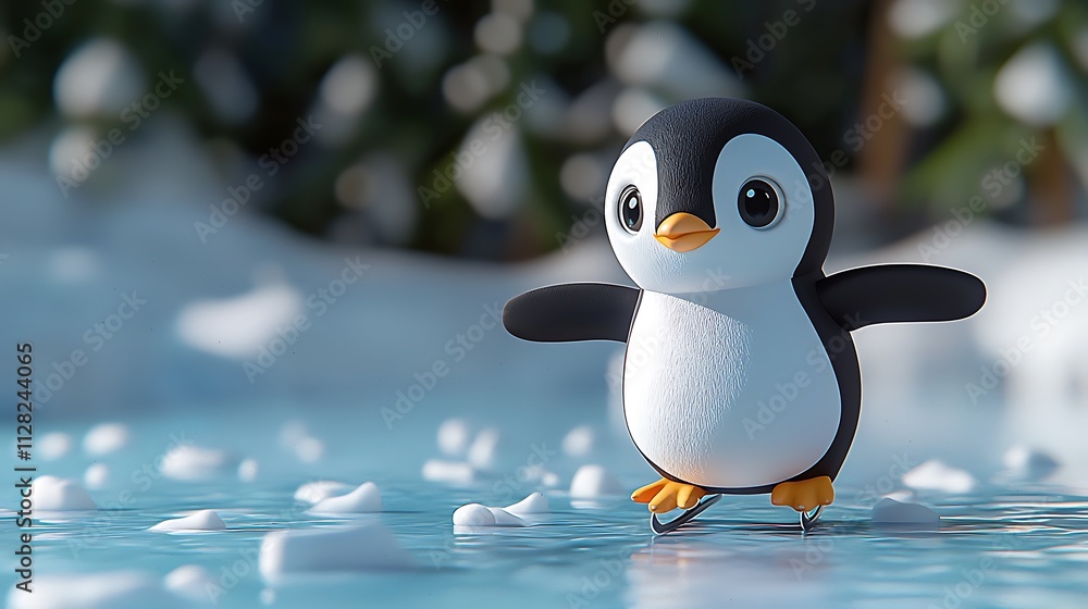Fototapeta premium Cute Penguin Ice Skating Winter Fun Adorable Cartoon Bird on Ice