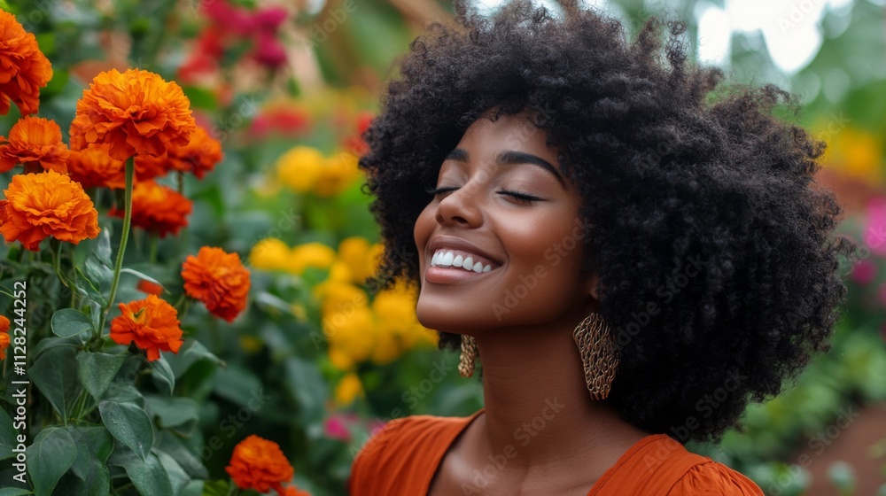 Woman Smiles Amidst Vibrant Orange Flowers Woman Smiles Amidst Vibrant Orange Flowers