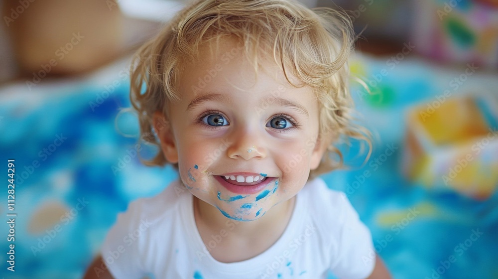 Happy Toddler Covered In Blue Paint Smiles Happy Toddler Covered In Blue Paint Smiles