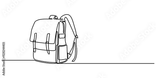 One continuous line school supplies. Minimalist hand drawn backpack, school building and globe, Single one line drawing of school bag for kindergarten student. Back to school minimalist, education. 