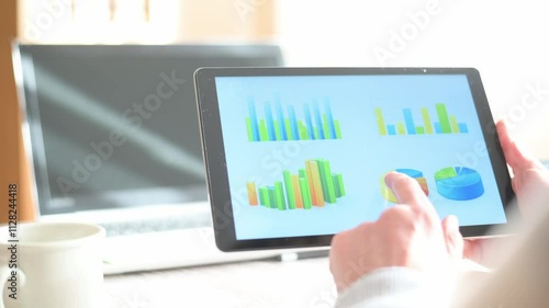 Business Person Working At Home Or In The Office By The Window In The Morning,Analyzing Data With Tablet,Hands Reviewing Online Market Research.Statistics,Analytics Dashboard And Digital Infographic.