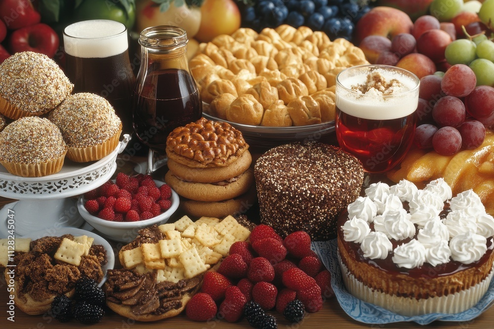 A table laden with pastries, fruit, and drinks; a feast of autumnal treats perfect for harvest celebrations. A table laden with pastries, fruit, and drinks; a feast of autumnal treats perfect for harvest celebrations.