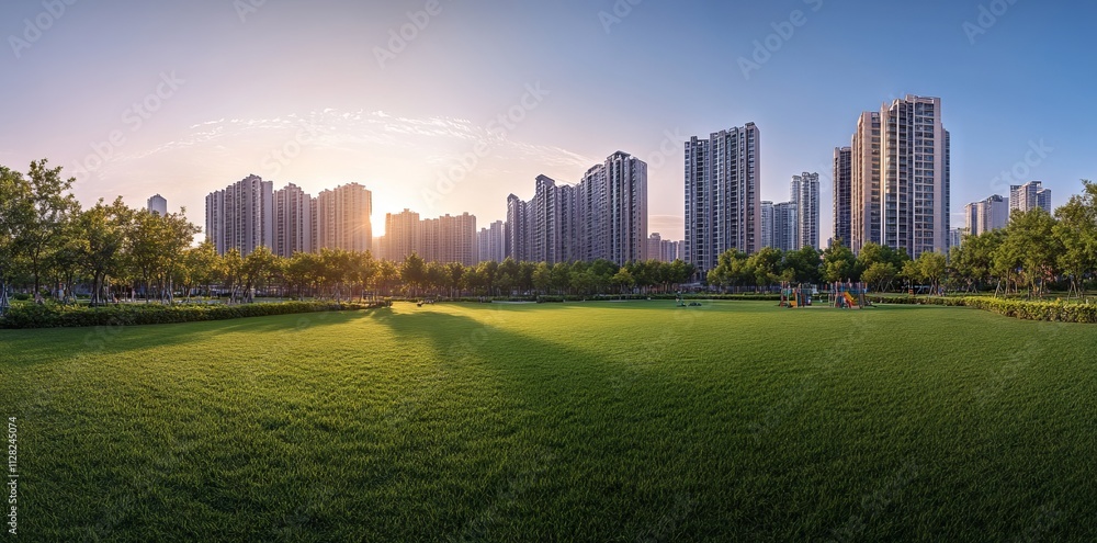 Fototapeta premium Modern City Park with High-Rise Buildings at Sunset AI generated illustration