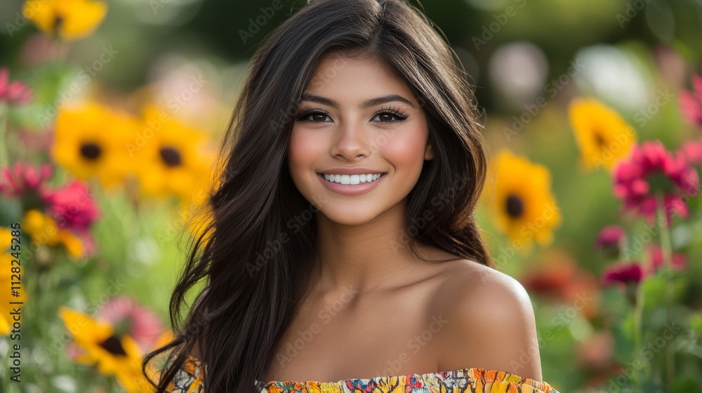 Beautiful Woman Smiling Amidst Vibrant Flowers In A Garden