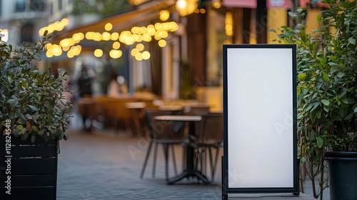 mockup white poster with black frame stand in front of blur restaurant cafe background for show or present promotion product concept.