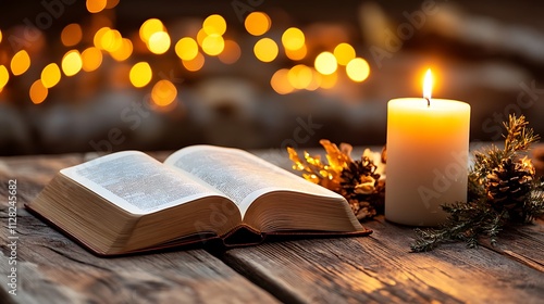 Open Bible and Lit Candle: Cozy Autumn Evening Still Life Photography AI Generated