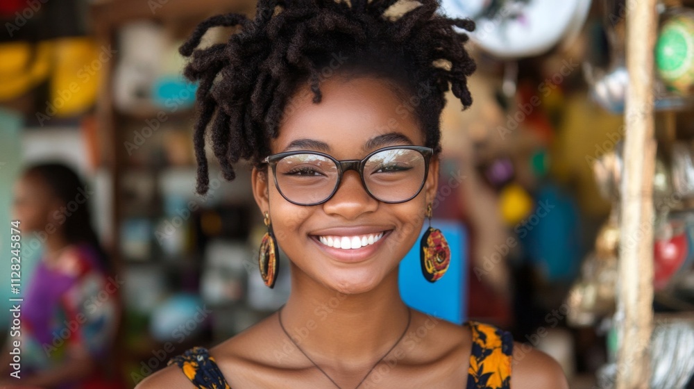 A Young Woman Smiles Brightly Wearing Glasses A Young Woman Smiles Brightly Wearing Glasses