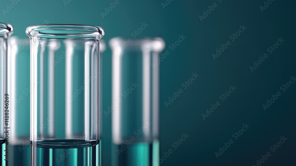 Closeup of medical test tubes in glassware, vibrant colors, detailed 3D illustration, selective focus, ample space for text. Closeup of medical test tubes in glassware, vibrant colors, detailed 3D illustration, selective focus, ample space for text.