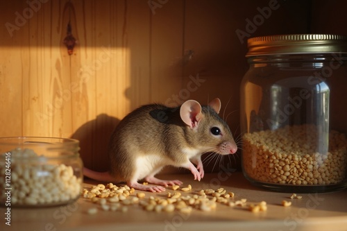 Curious mouse explores pantry with grains, home pest control