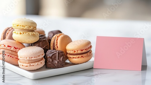 A platter of macarons and chocolates on a marble table,  Galentine s Day Treats  card tucked in, chic and indulgent photo