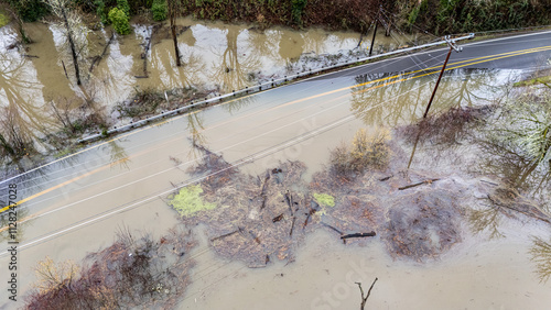 Aerial photo of a large flooding on a street of Hillsboro, Oregon after massive rainfall.