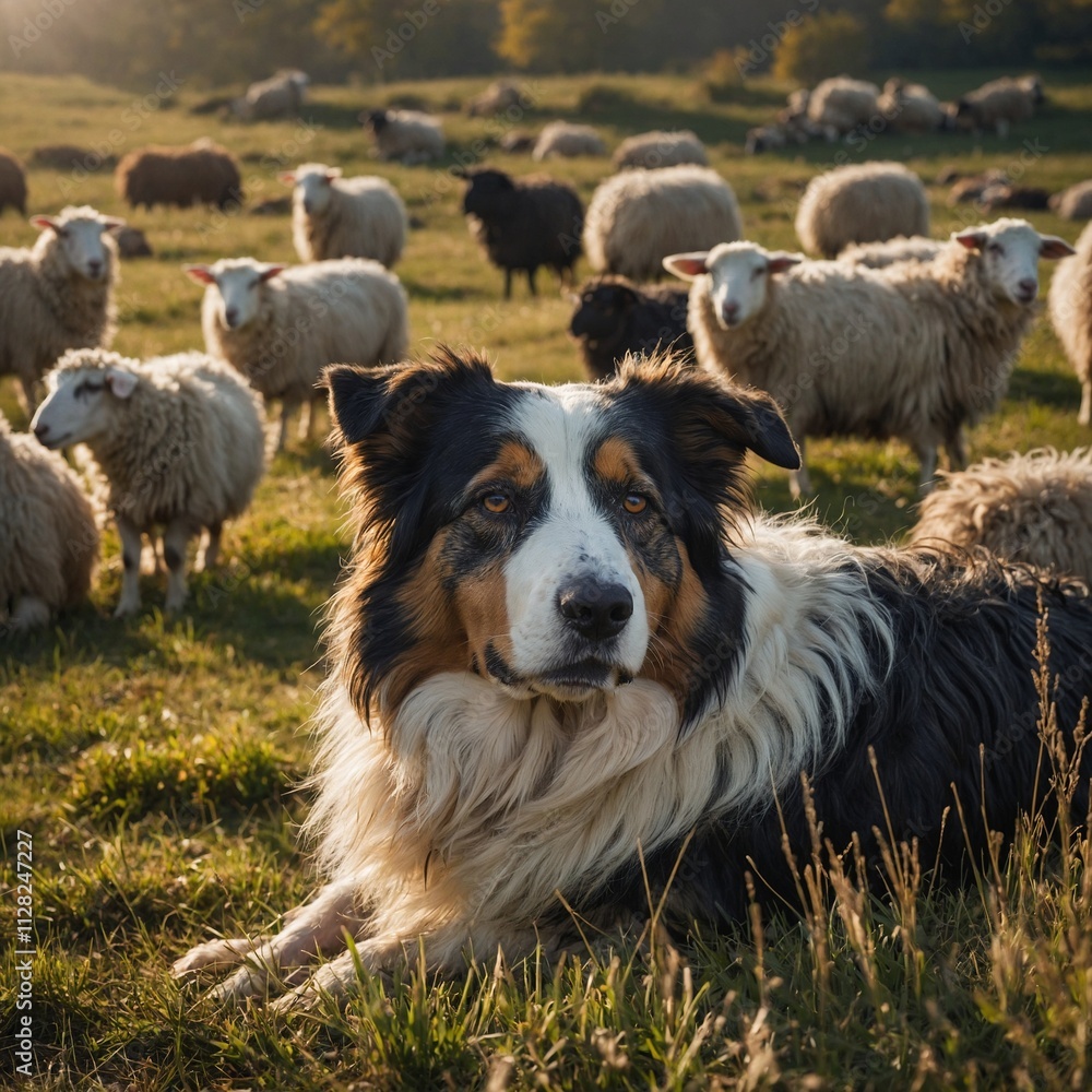 A sheepdog watching over a flock of sheep in a sunny meadow.