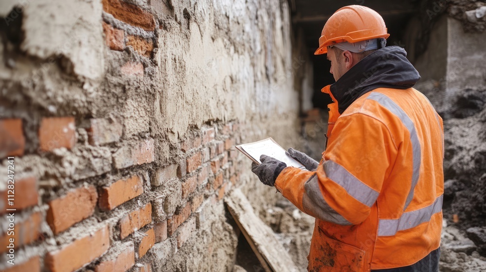 A civil engineer evaluates the structural integrity of a brick wall construction site, ensuring compliance with safety regulations A civil engineer evaluates the structural integrity of a brick wall construction site, ensuring compliance with safety regulations