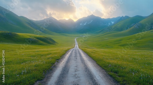 Serene Dirt Road Through Lush Green Valley Surrounded by Majestic Mountains Under Dramatic Sky at Sunset