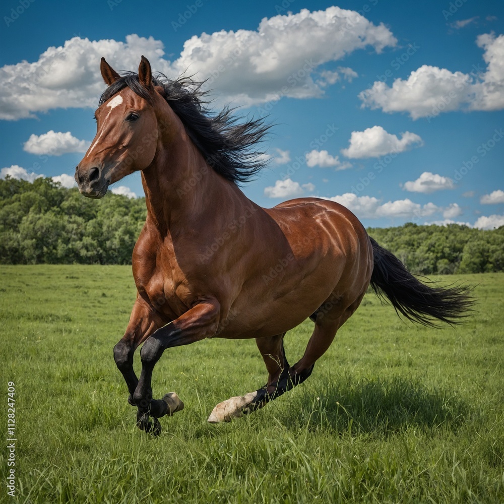 A horse galloping through a lush green pasture under a bright blue sky. A horse galloping through a lush green pasture under a bright blue sky.