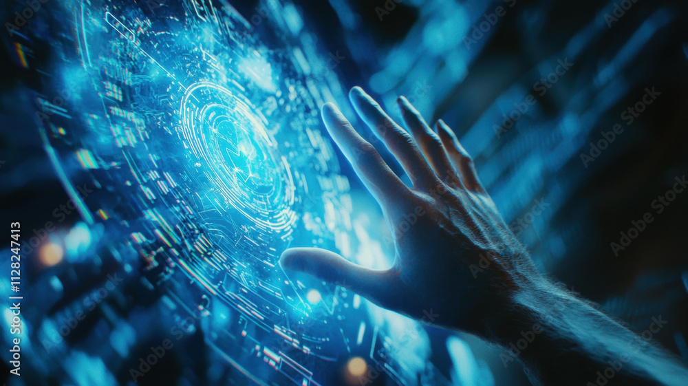Fototapeta premium Futuristic technology concept, human hand interacting with holographic interface, digital data, abstract glowing patterns, innovation, tech blue tones