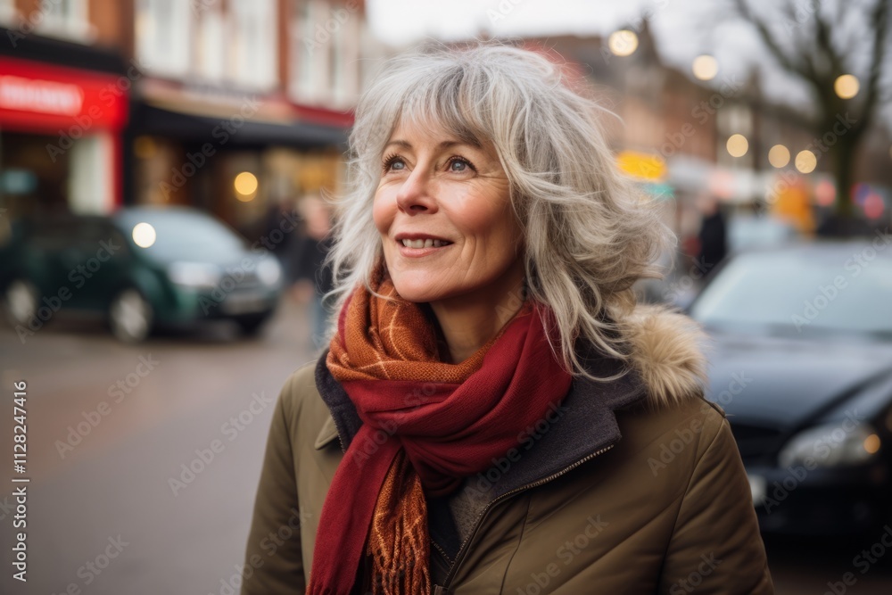 Portrait of a beautiful senior woman with grey hair and red scarf in the city Portrait of a beautiful senior woman with grey hair and red scarf in the city