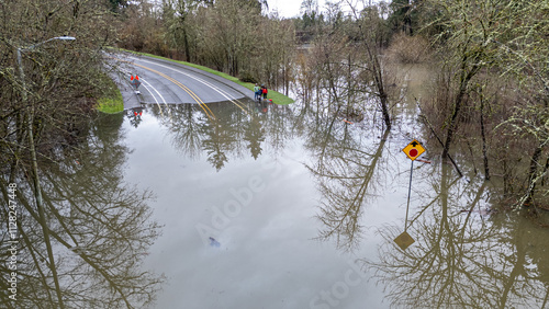 Aerial photo of a large flooding on a street of Hillsboro, Oregon after massive rainfall.