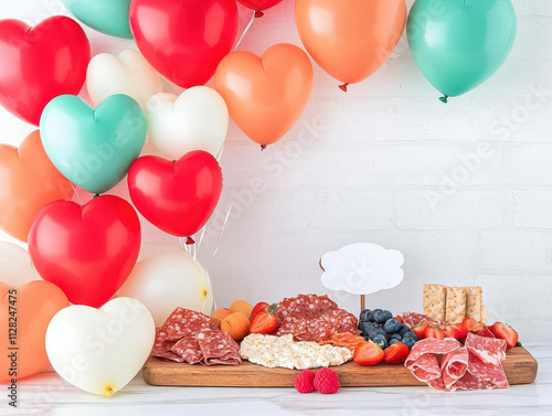 Heart-shaped balloons and a charcuterie board with a  Happy Galentine s Day  sign, vibrant and inviting photo