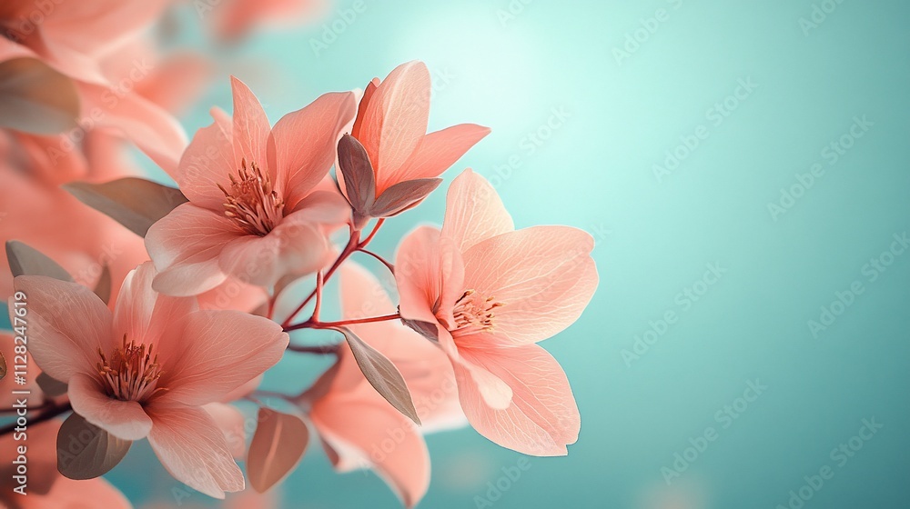 Soft peach blossoms on a branch against a teal sky. Soft peach blossoms on a branch against a teal sky.
