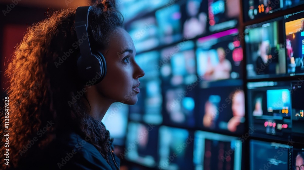 Woman with headphones monitors multiple video screens Woman with headphones monitors multiple video screens