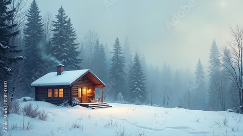 Cozy log cabin in snowy winter forest, serene retreat