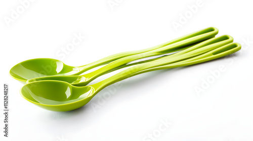 Three Green Plastic Spoons on White Background