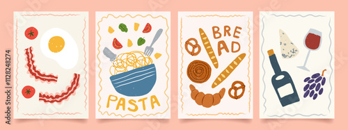 Set of abstract food posters for the kitchen. Trendy art prints hand drawn with eggs, bacon and tomatoes, pasta, bread, wine and cheese. Minimalist design for wall decor, restaurant menu, packaging.
