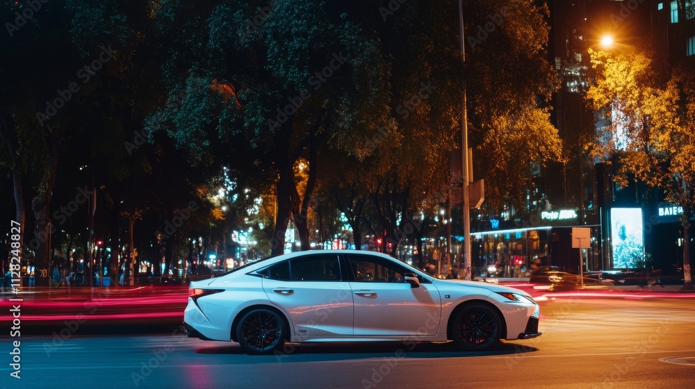 Sleek White Sedan on City Street at Night with Colorful Lights and Motion Blur Creating a Dynamic Urban Atmosphere for Automotive Photography Sleek White Sedan on City Street at Night with Colorful Lights and Motion Blur Creating a Dynamic Urban Atmosphere for Automotive Photography