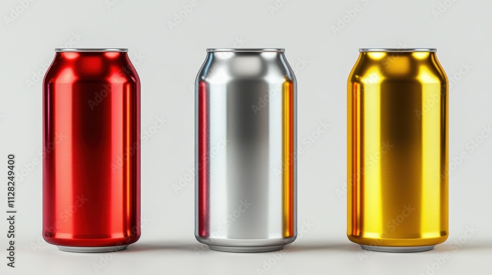 Three metallic cans: red, silver, gold. Perfect for beverage, branding, or product mockups. Three metallic cans: red, silver, gold. Perfect for beverage, branding, or product mockups.