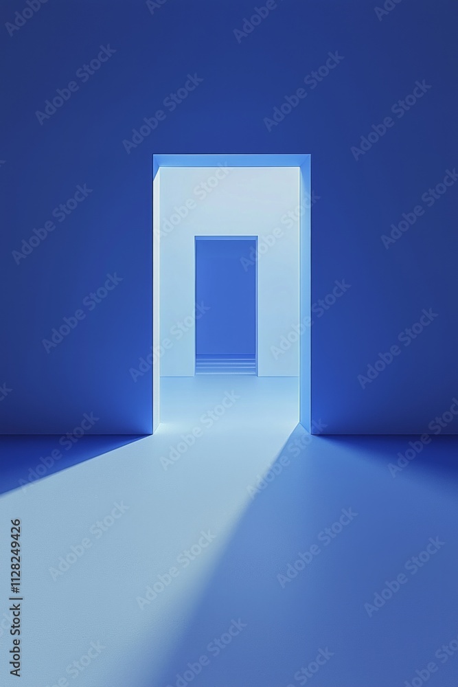 Blue empty room background, symmetrical lines of light on the ground leading to an open door at the end of the line Blue empty room background, symmetrical lines of light on the ground leading to an open door at the end of the line
