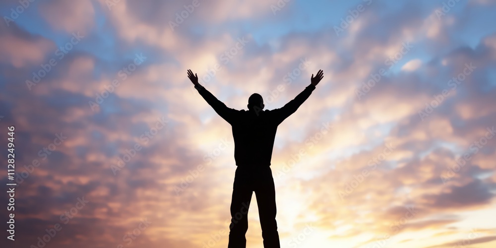 A silhouette of a man stands with arms raised against a stunning sunrise backdrop, symbolizing empowerment, freedom, and the beauty of new beginnings. A silhouette of a man stands with arms raised against a stunning sunrise backdrop, symbolizing empowerment, freedom, and the beauty of new beginnings.