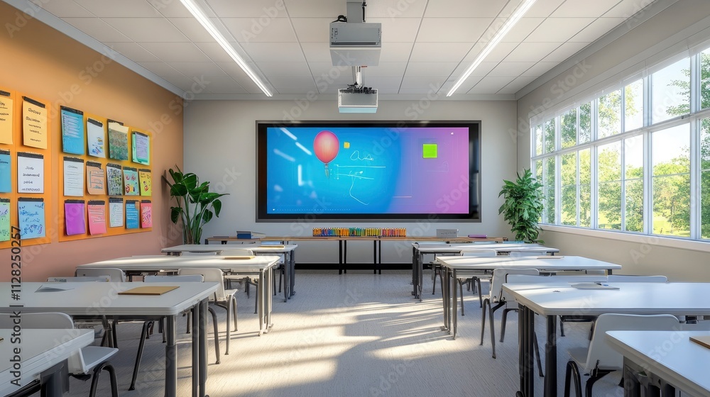 A modern classroom with desks, a large screen, and educational materials on the walls. A modern classroom with desks, a large screen, and educational materials on the walls.