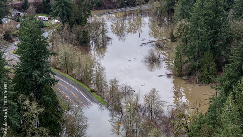 Aerial photo of a large flooding on a street of Hillsboro, Oregon after massive rainfall.