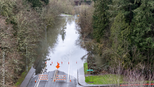 Aerial photo of a large flooding on a street of Hillsboro, Oregon after massive rainfall.