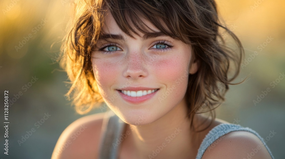 Young Woman Smiling Freckles Brown Hair Golden Light Young Woman Smiling Freckles Brown Hair Golden Light