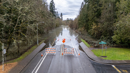 Aerial photo of a large flooding on a street of Hillsboro, Oregon after massive rainfall.