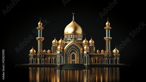 Happy Islamic New Year Poster Design with Black Background Isolated Golden Mosque Dome.