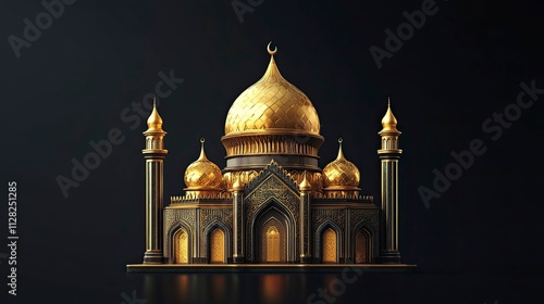 Happy Islamic New Year Poster Design with Black Background Isolated Golden Mosque Dome.