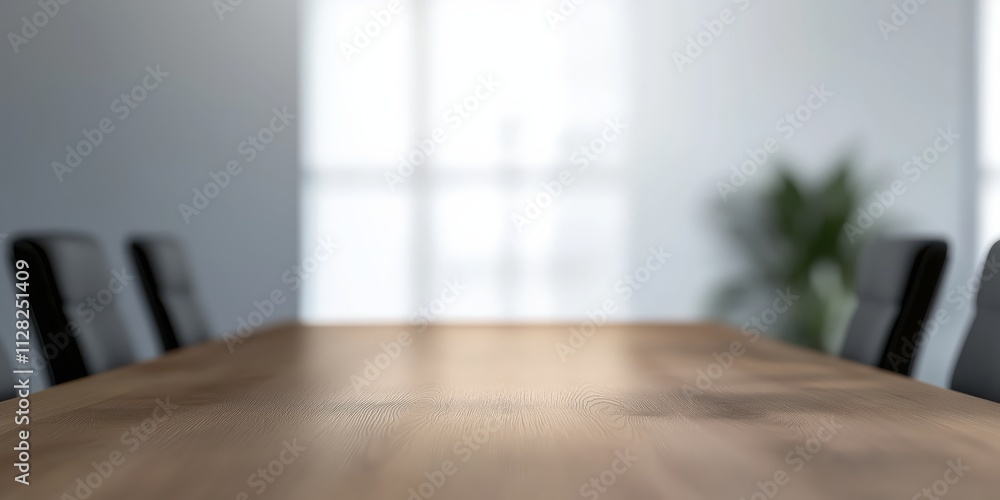 Fototapeta premium A professional conference room setting featuring a beautifully polished wooden table under soft diffused light, creating a serene atmosphere for collaboration and discussion.