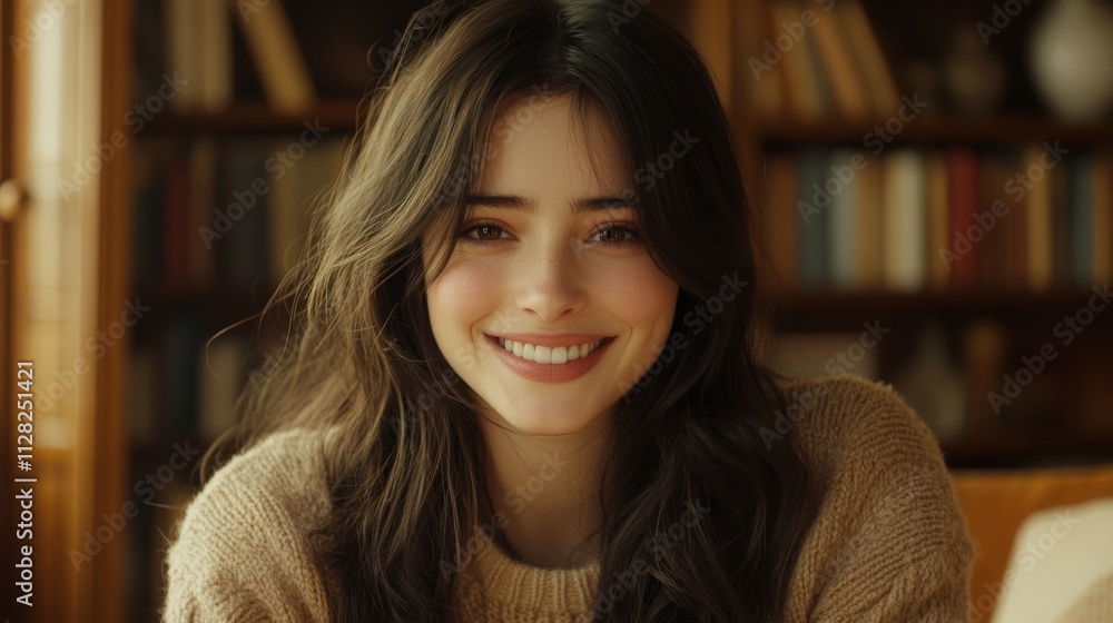 Young Woman Smiling in a Cozy Library Setting Young Woman Smiling in a Cozy Library Setting