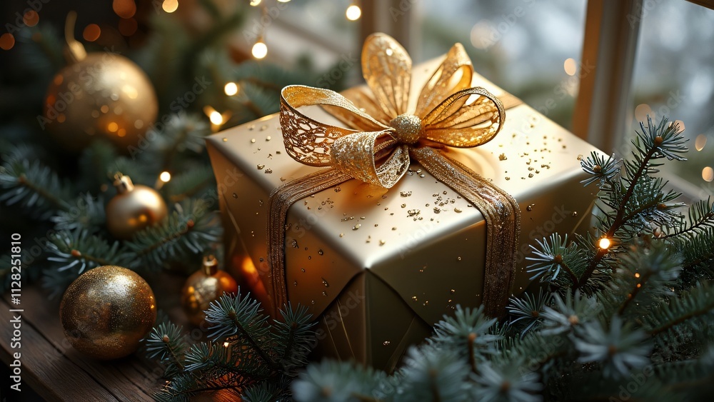 Luxurious Gold Christmas Gift Box with Fir Branches and Snowflakes, Festive Winter Wonderland Scene Luxurious Gold Christmas Gift Box with Fir Branches and Snowflakes, Festive Winter Wonderland Scene