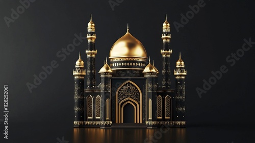 Happy Islamic New Year Poster Design with Black Background Isolated Golden Mosque Dome.
