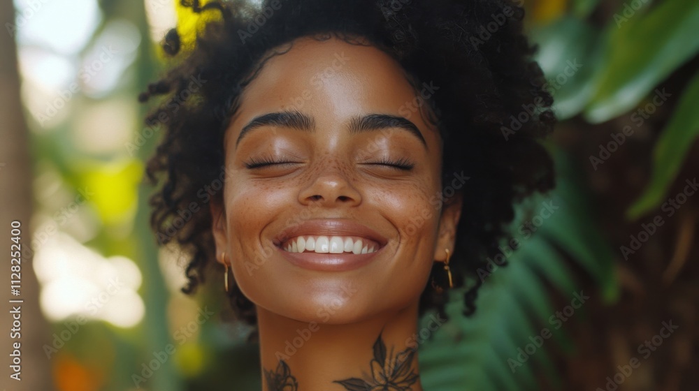 A happy woman with freckles smiles serenely outdoors A happy woman with freckles smiles serenely outdoors