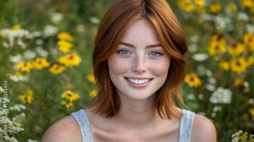Red haired woman smiling in a field of flowers Red haired woman smiling in a field of flowers