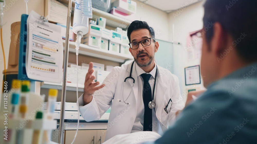 Male oncologist explaining treatment options cancer with a patient surrounded by oncology charts and chemotherapy equipment Male oncologist explaining treatment options cancer with a patient surrounded by oncology charts and chemotherapy equipment