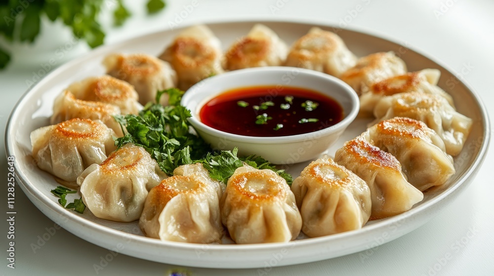 A plate of water dumplings with dipping sauce on a white plate with a white background A plate of water dumplings with dipping sauce on a white plate with a white background